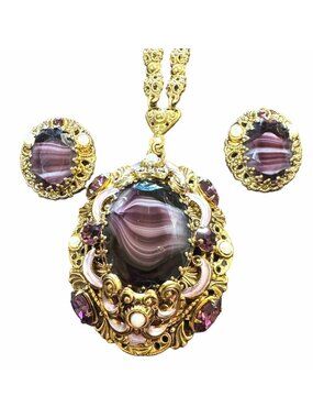 West Germany Purple Slag Glass Necklace and Earrings Faux Pearls Statement Piece